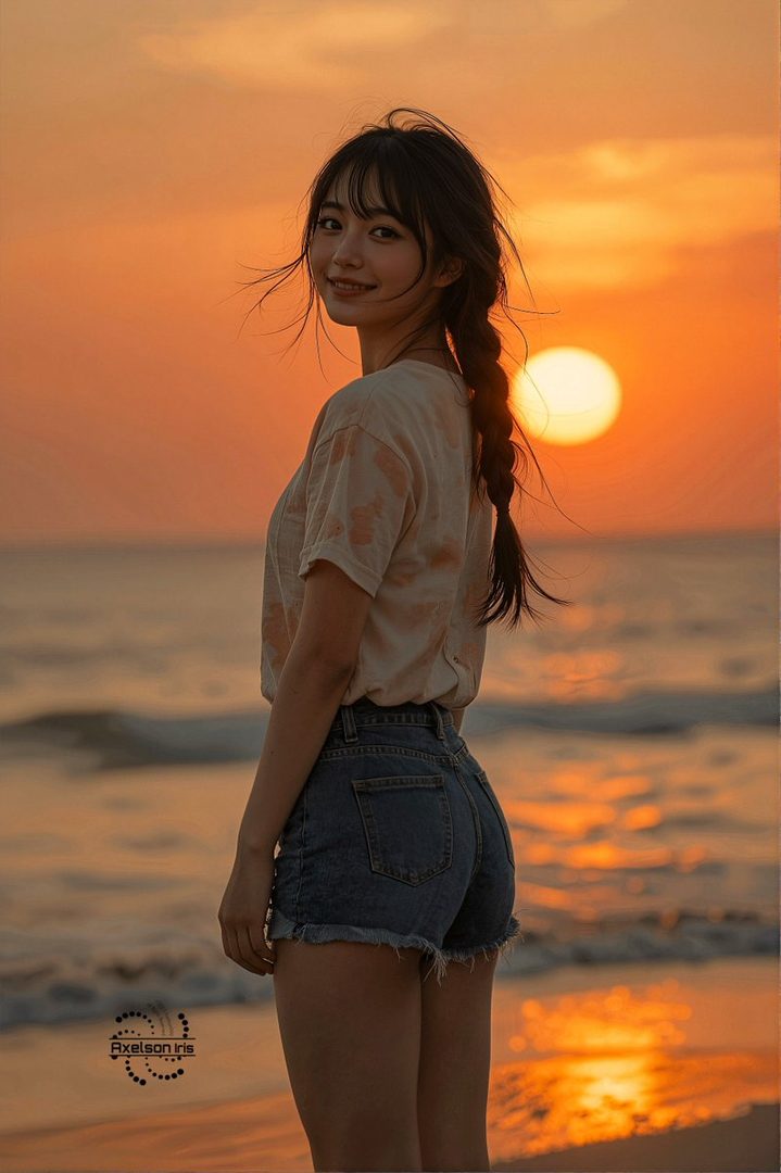 A young woman with a braid stands on a beach at sunset, wearing denim shorts and a t-shirt, looking back at the camera with a smile.
