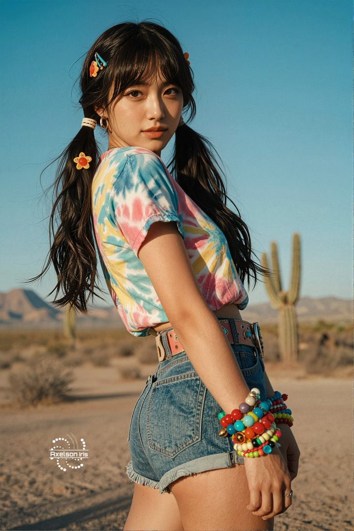A young woman with dark hair in pigtails, wearing a colorful tie-dye t-shirt and denim shorts, poses outdoors in a desert landscape.