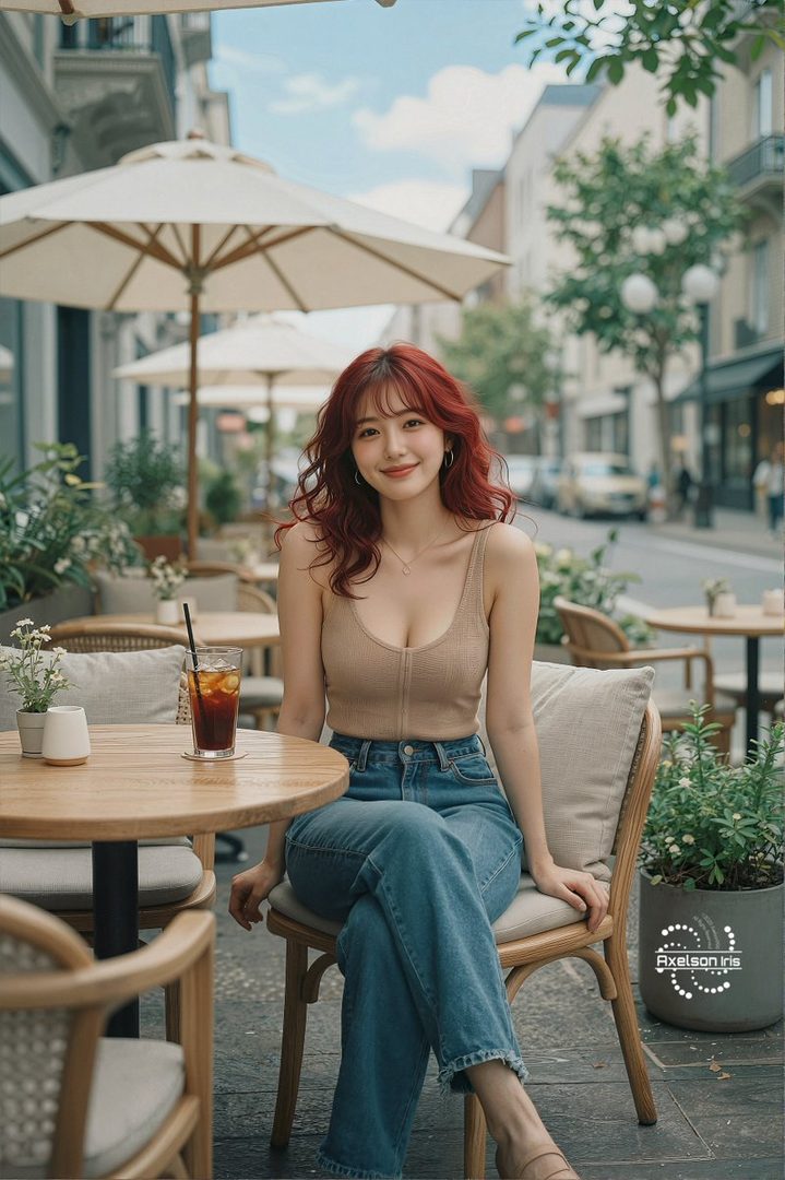 A young East Asian woman with long, wavy red hair sits at a table outside a cafe, wearing a beige tank top and blue jeans, smiling at the camera.