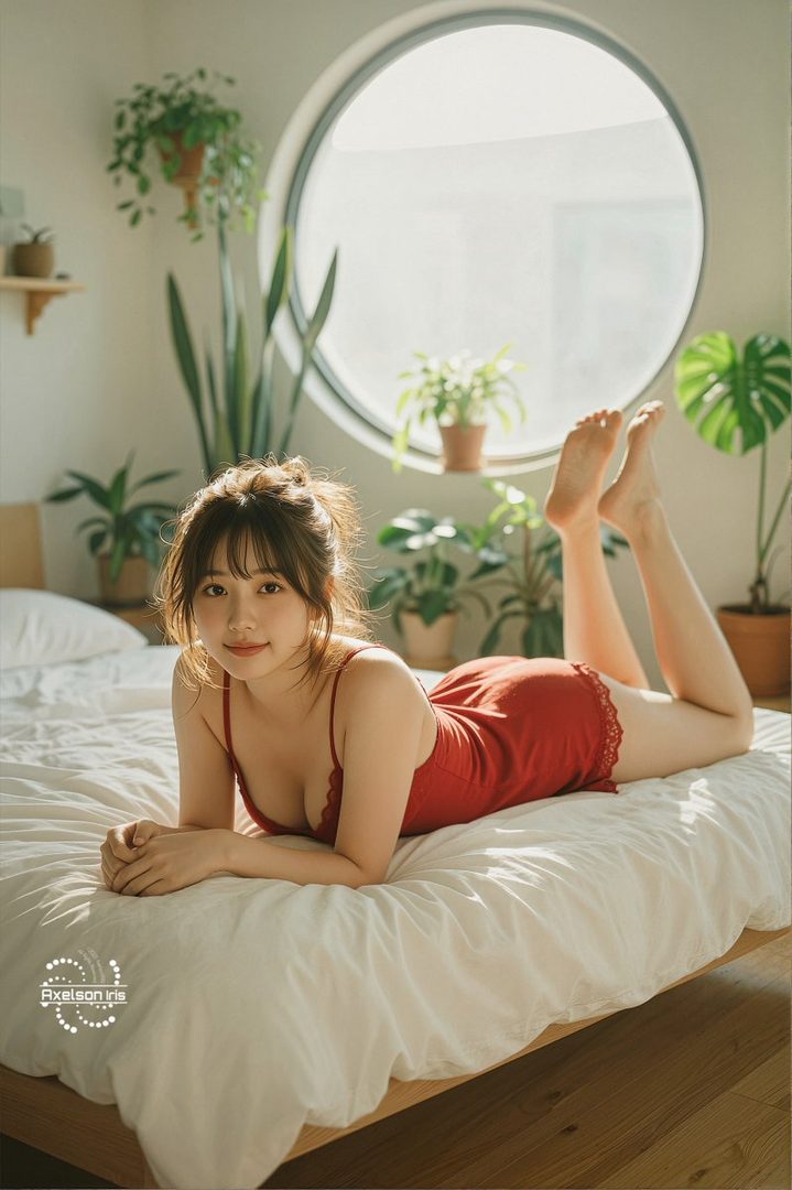 A young woman with her hair tied up, wearing a red slip dress, lies on a white bed in a room with many plants and a round window.