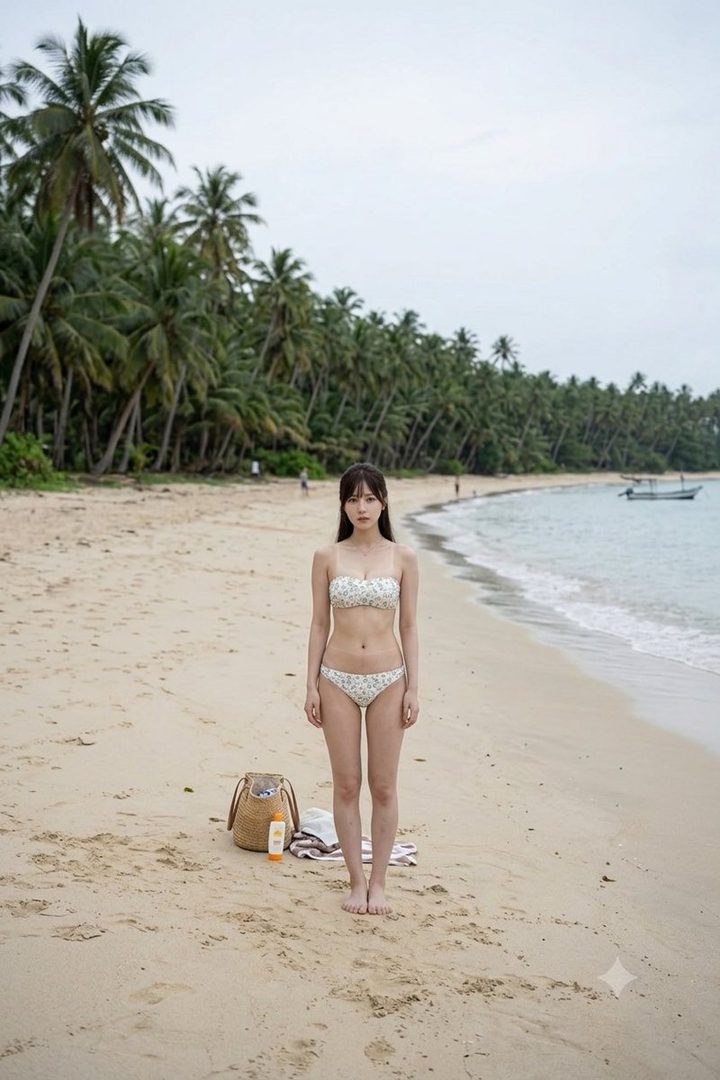 A young woman in a floral bikini stands on a sandy beach with palm trees in the background.