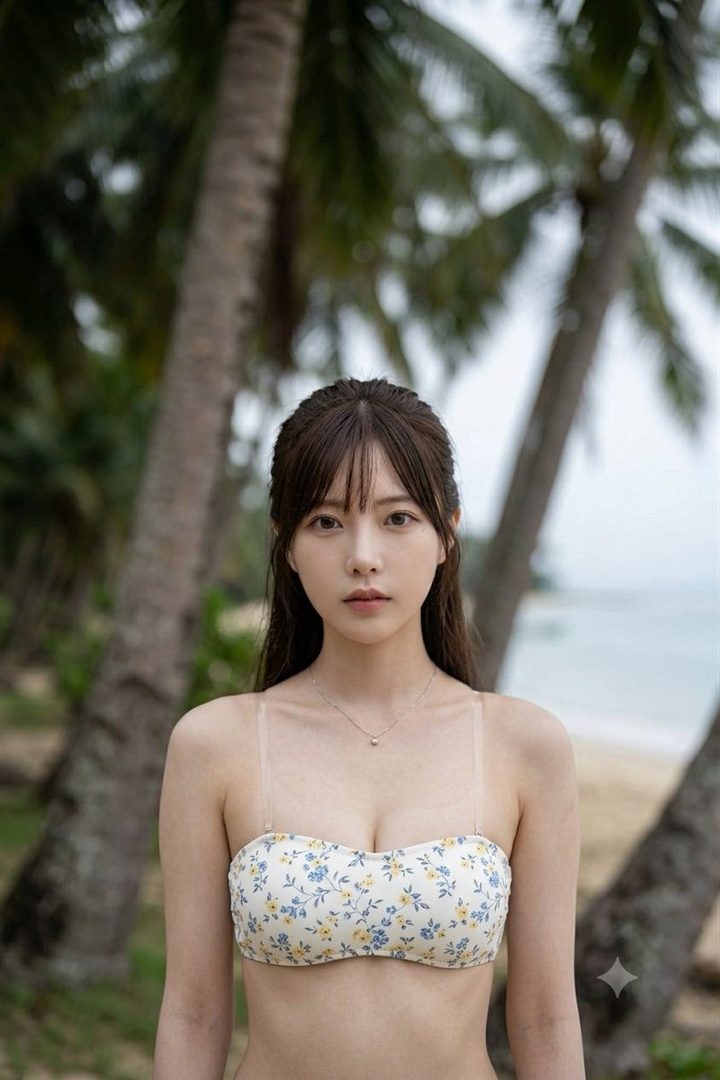 A young woman with long brown hair and bangs, wearing a floral bikini, poses on a beach with palm trees in the background.