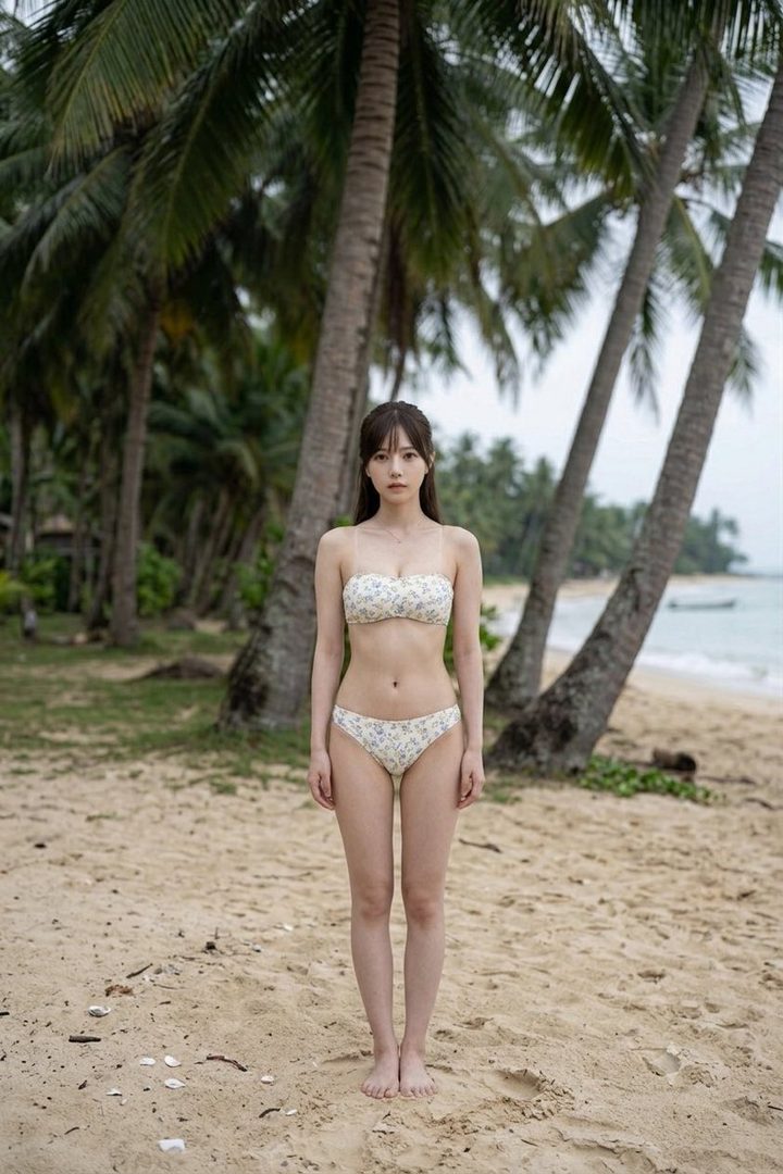 A young woman in a floral bikini stands on a sandy beach with palm trees in the background.