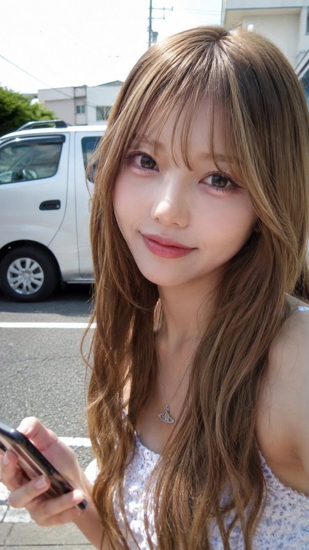 A young woman with long, wavy brown hair and bangs takes a selfie outdoors, holding a smartphone in her left hand. She is wearing a light-colored top and a delicate necklace. A white van is visible in the background.