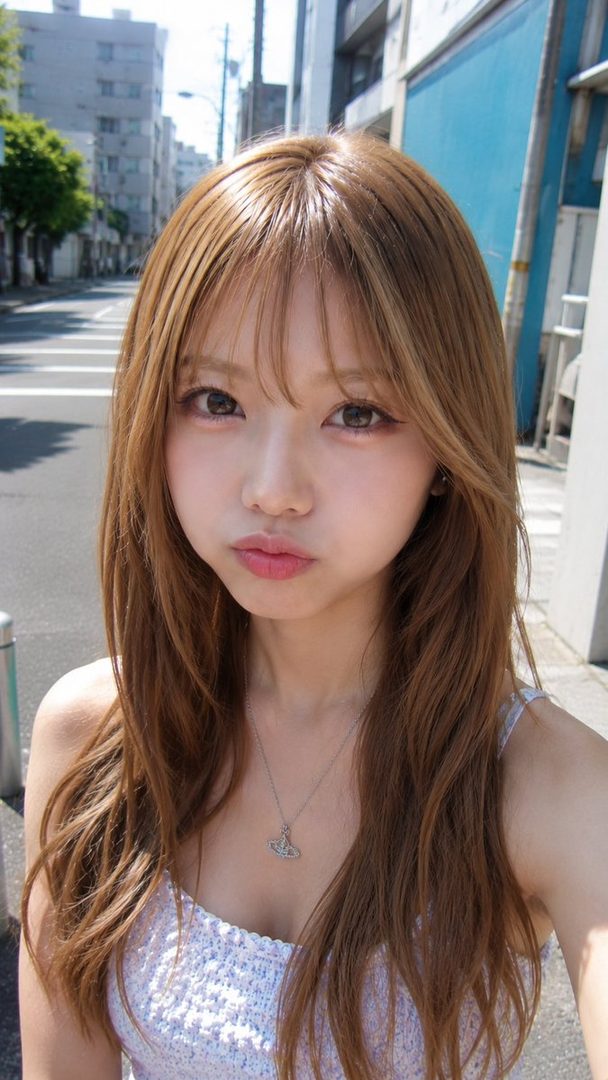 A young woman with long brown hair and bangs, wearing a white top and a necklace, poses for a selfie on a city street.