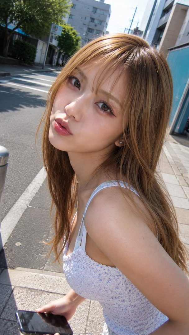 A young woman with long, light brown hair and bangs poses for a selfie on a sunny street, wearing a white camisole and holding a smartphone.