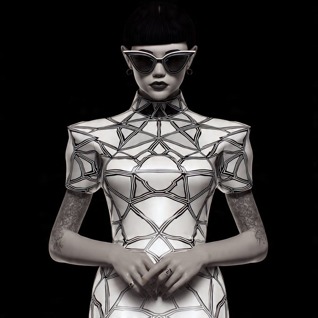 A striking AI-generated portrait of a woman with short black hair, wearing a futuristic white dress with a black geometric pattern and stylish sunglasses. She has tattoos on her arms and is posing against a black background.