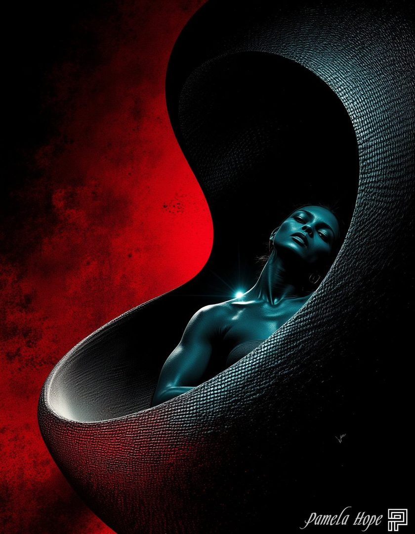 A striking AI-generated portrait of a woman with blue-toned skin, resting in a dark, sculptural chair against a vibrant red and black background.