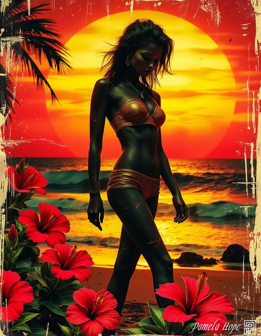 A woman in a bikini walks on a beach at sunset, with hibiscus flowers in the foreground.