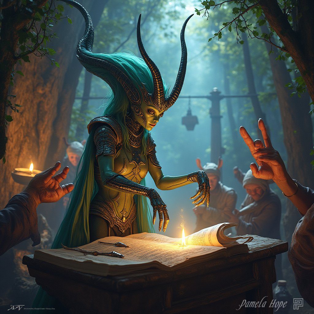 A mystical green-skinned woman with large horns and flowing teal hair stands over an open book, surrounded by figures in a dimly lit forest.