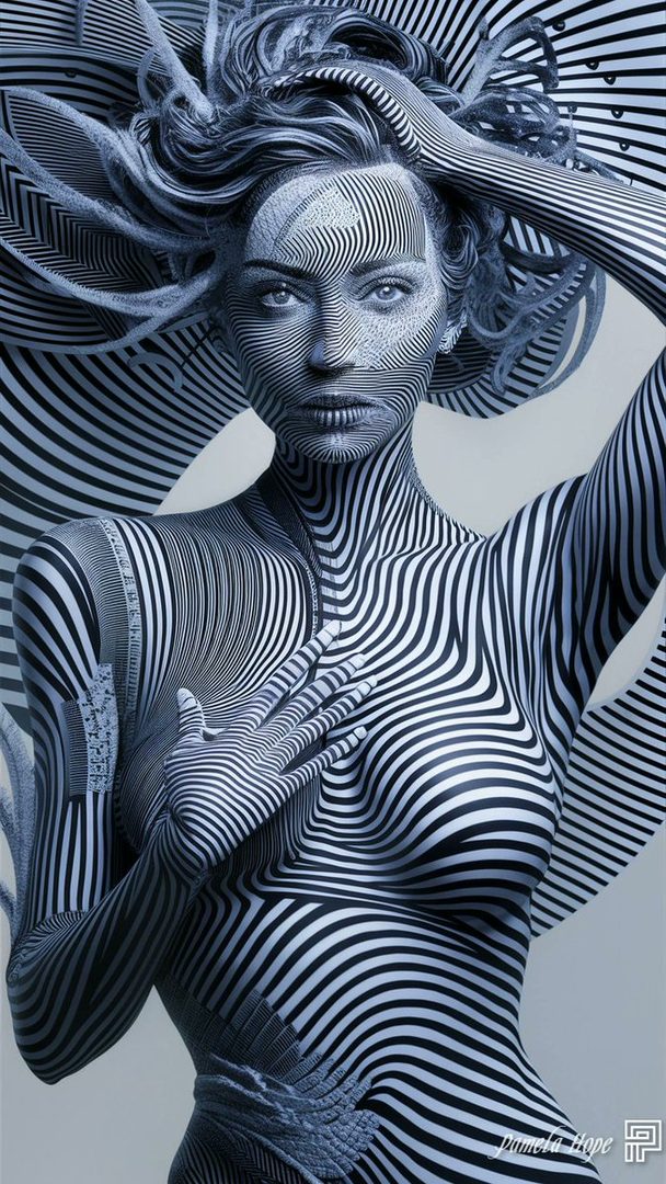 A striking portrait of a woman with her body and face covered in black and white optical illusion stripes, her hair flowing dramatically.