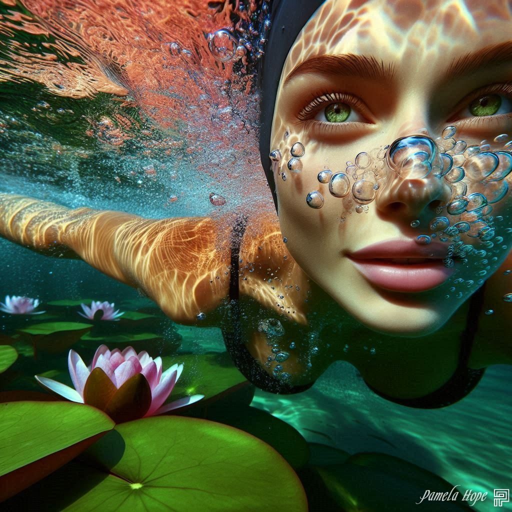 A woman with green eyes swims underwater among water lilies, with bubbles around her face.