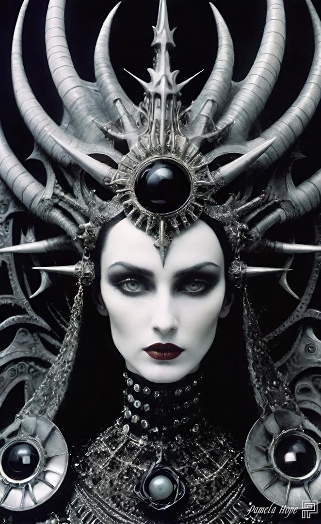 A photorealistic portrait of a gothic sorceress with pale skin, dark makeup, and an elaborate headdress.