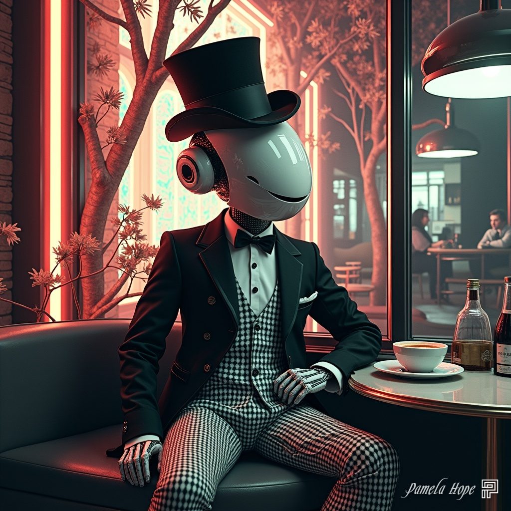 A robot with a white, rounded head wearing a top hat, bow tie, and a formal suit, sitting in a cafe.