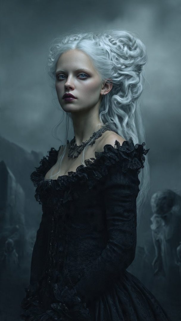 A pale woman with long, white, intricately styled hair and dark gothic dress stands in a misty, eerie outdoor setting.
