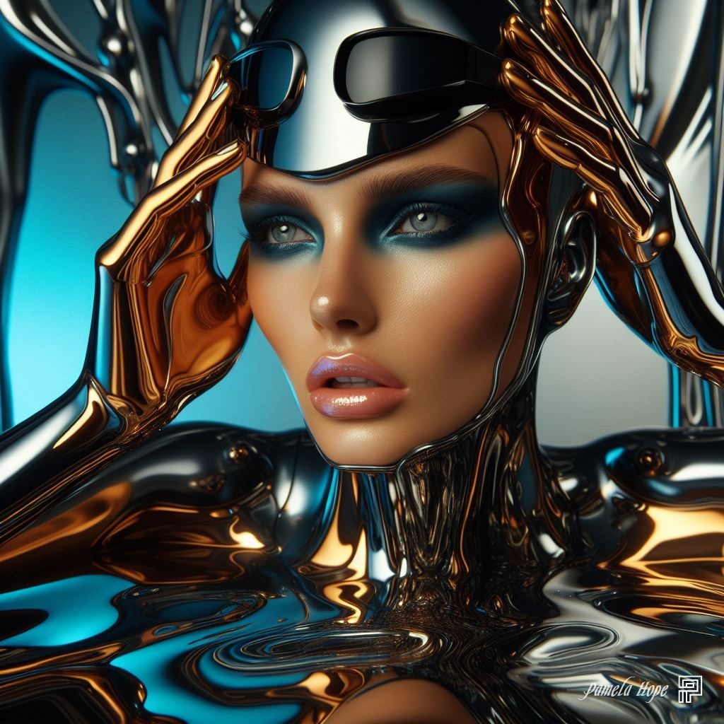 A striking AI-generated portrait of a woman with metallic skin and futuristic makeup, posing in a studio setting.