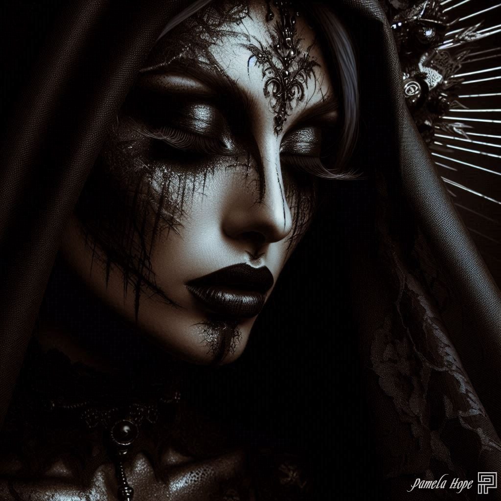 A gothic sorceress with dark makeup and a black veil, her eyes closed.