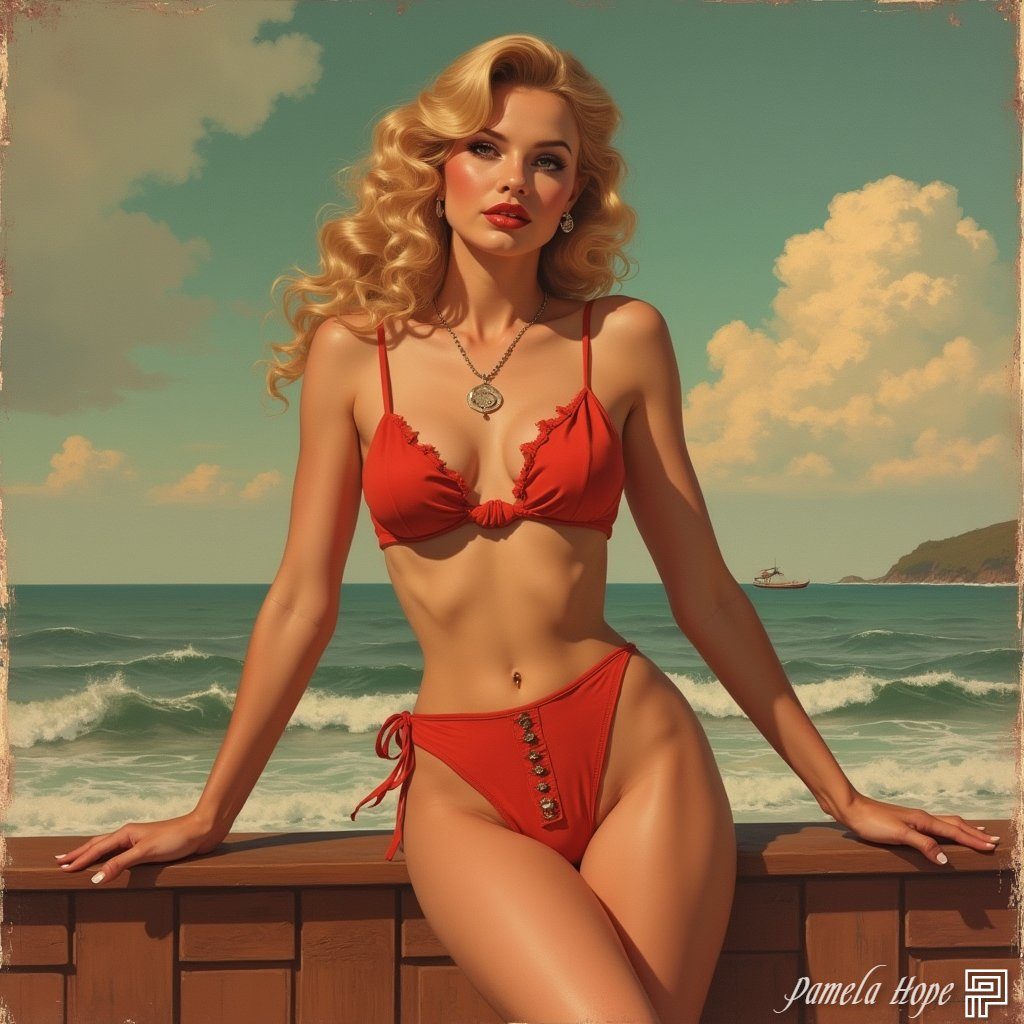 A blonde woman in a red bikini poses on a wooden railing at the beach.