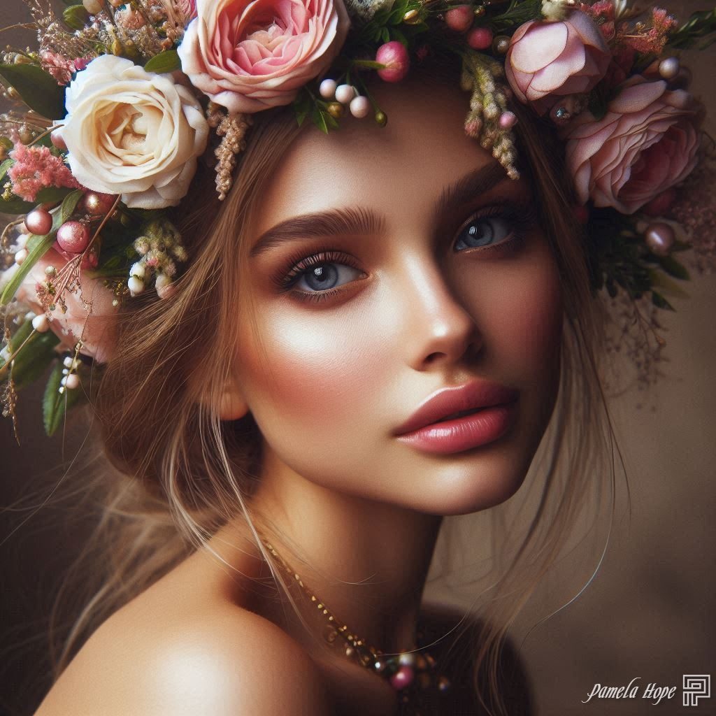A beautiful young woman with blonde hair adorned with a floral crown, wearing a delicate necklace, posing for a portrait.