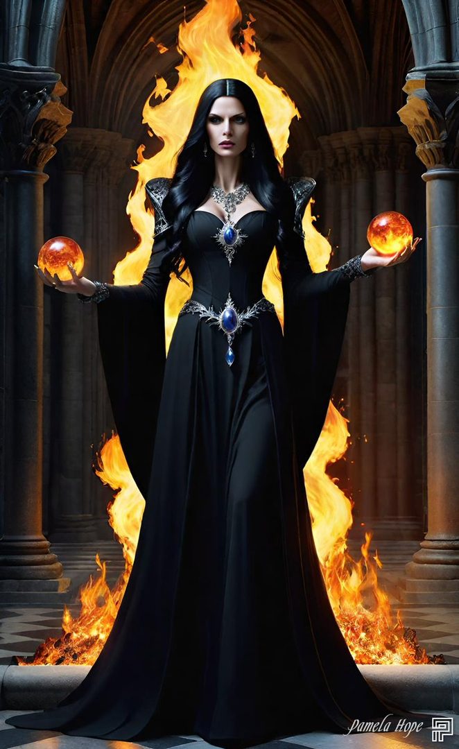 A gothic sorceress in a black dress stands with orbs of fire in her hands, surrounded by flames and ancient architecture.