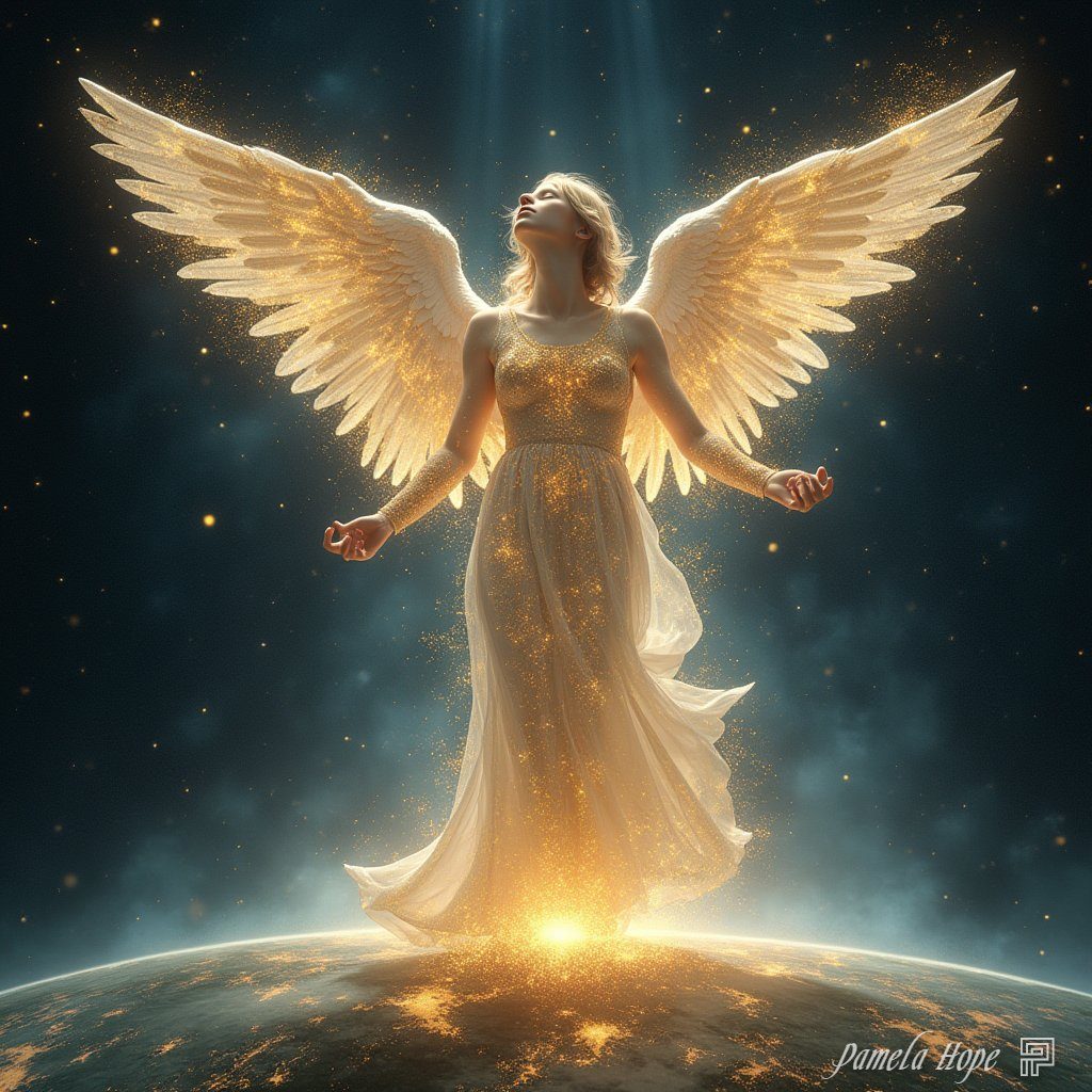 A photorealistic portrait of a blonde angel with large golden wings, wearing a sparkling white dress, hovering above a glowing planet.
