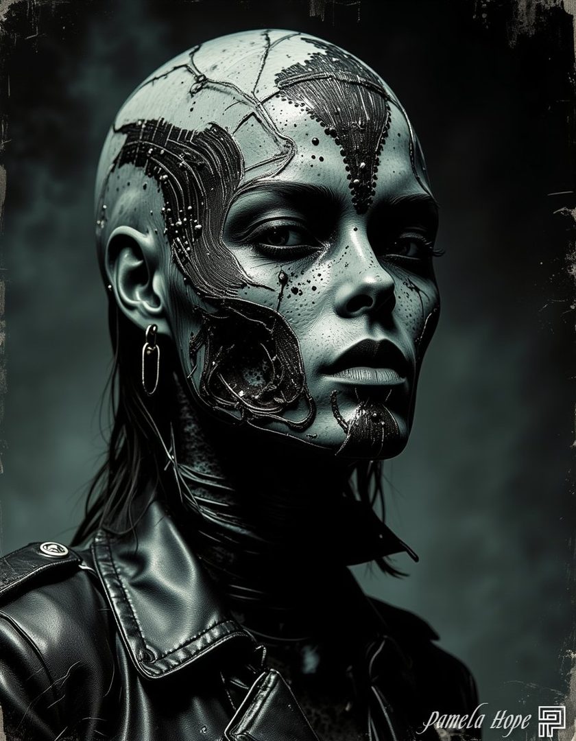 A photorealistic portrait of a cyborg goth enchantress with intricate mechanical details on her face and wearing a black leather jacket.
