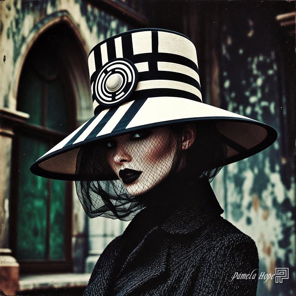 A woman wearing a wide-brimmed black and white striped hat with a veil and dark lipstick, posing outdoors.