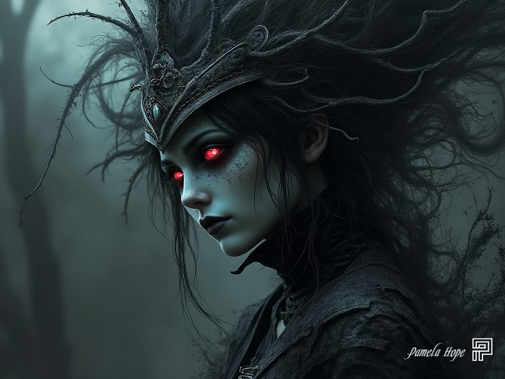 A gothic sorceress with glowing red eyes and dark, wild hair, wearing an ornate crown and dark clothing, set against a misty, dark background.