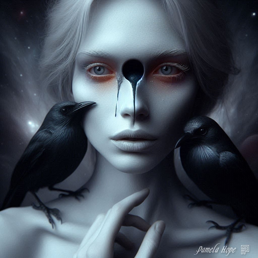 A surreal portrait of a pale-skinned woman with white hair, black birds perched on her shoulders, and a dark, liquid-like substance dripping from a hole in her forehead.