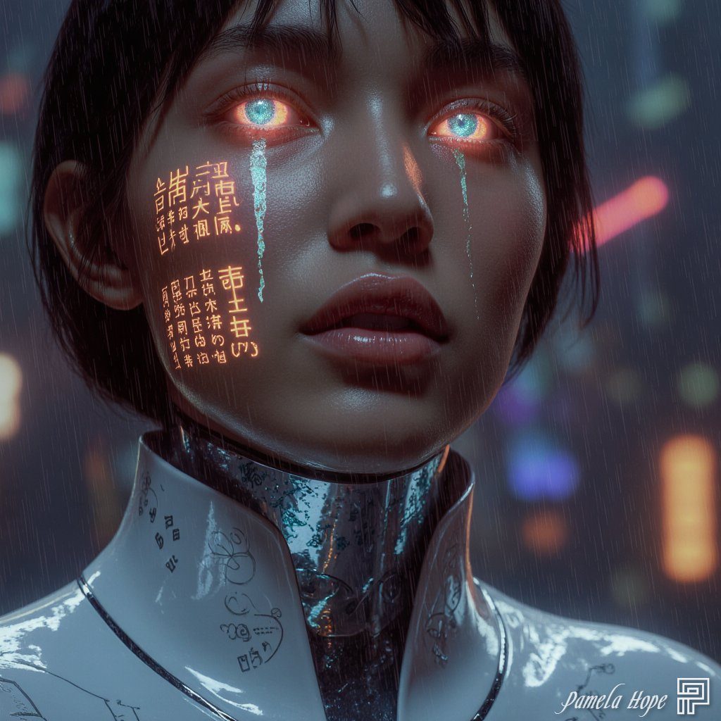 Close-up portrait of a woman with glowing blue eyes and futuristic markings on her face, wearing a white high-collar coat, in a rainy city at night.
