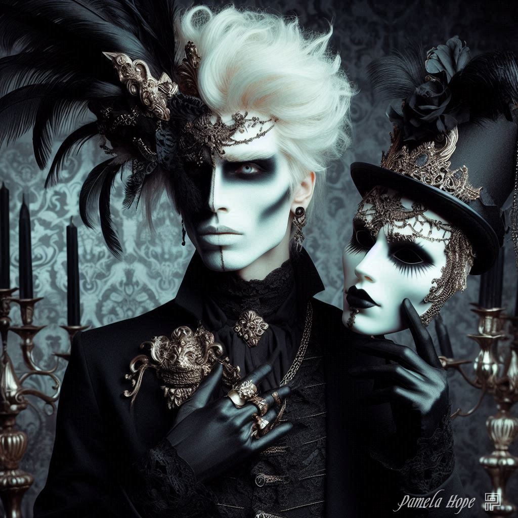 A person with striking white hair and dramatic black and white face paint, dressed in gothic attire, holds a mask. The image has a dark, elegant, and theatrical aesthetic.