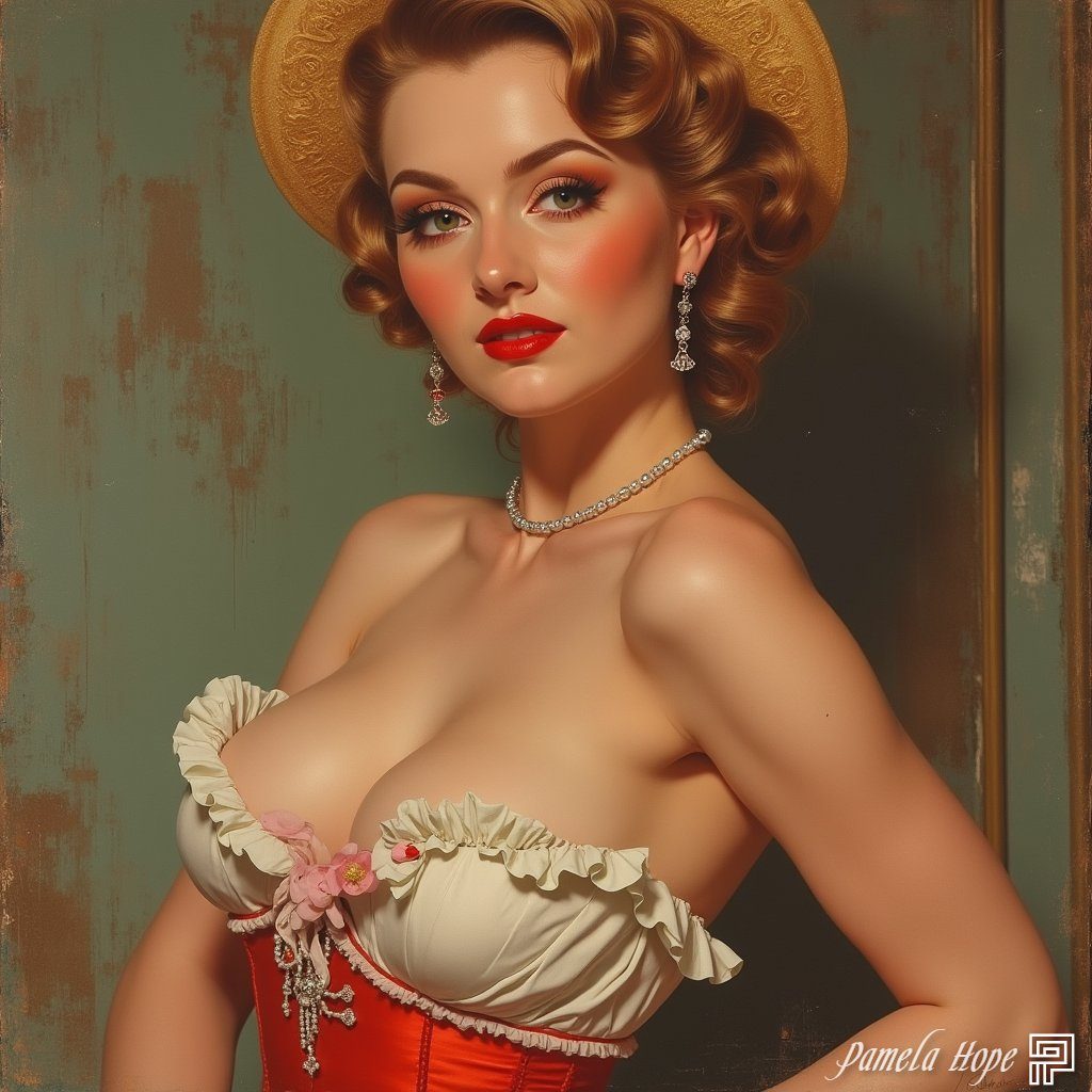 A photorealistic portrait of a woman in a vintage pin-up style, wearing a red and white corset with ruffles and a straw hat, adorned with jewelry.