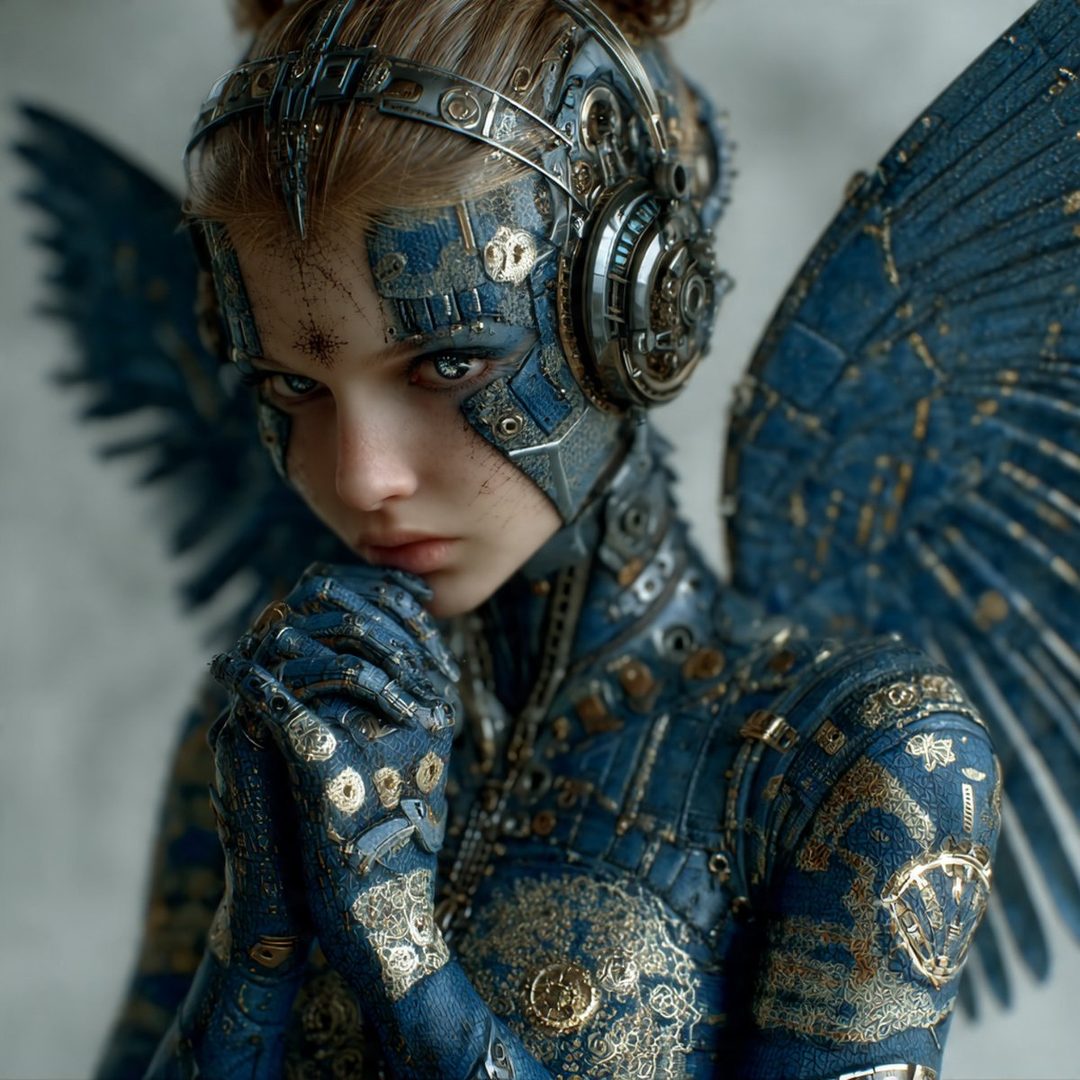 Photorealistic portrait of a young woman with steampunk-inspired cyborg angel wings and armor, featuring intricate blue and gold detailing.