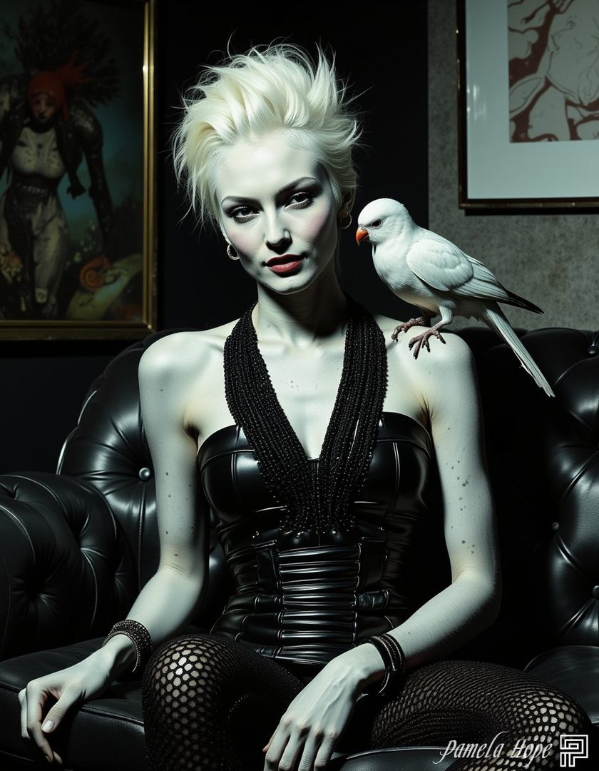 A pale-skinned woman with short, spiky white hair and dark lipstick sits on a black leather couch, wearing a black corset and fishnet stockings. A white bird perches on her shoulder. The background features dark walls and framed artwork.