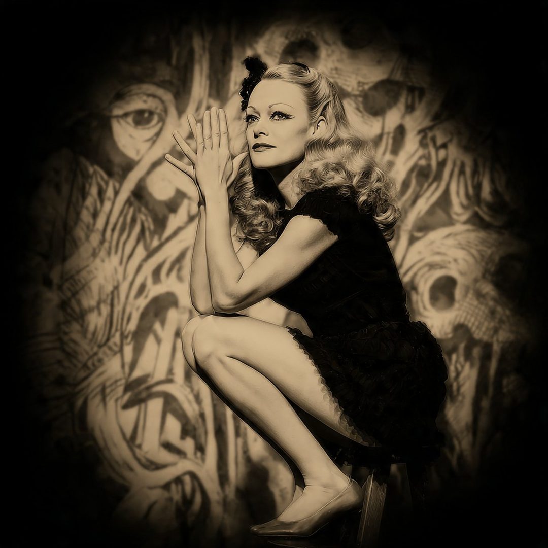 A vintage-style portrait of a woman with blonde curly hair, wearing a black dress and high heels, posing against a patterned backdrop.