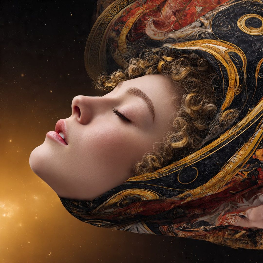 A photorealistic portrait of a woman with closed eyes and curly blonde hair, adorned with an ornate, flowing headdress, set against a starry, golden background.