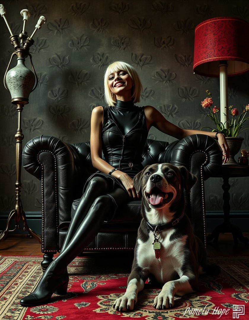 A smiling woman with short blonde hair sits in a leather armchair next to a dog on a red rug.