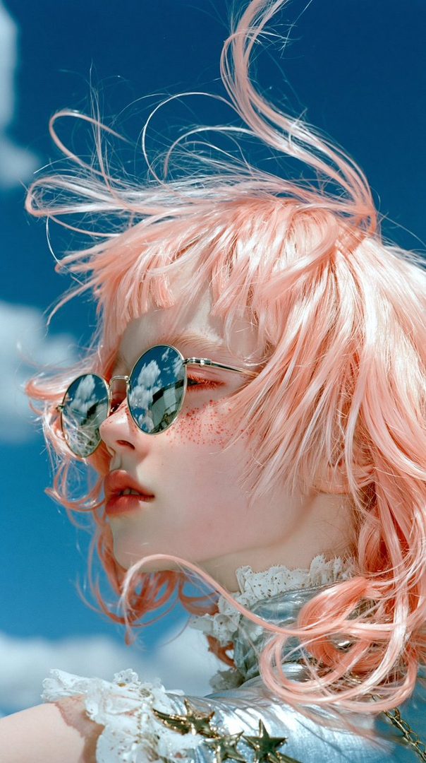 A close-up portrait of a person with vibrant pink hair and round sunglasses, set against a clear blue sky with clouds reflected in the lenses.