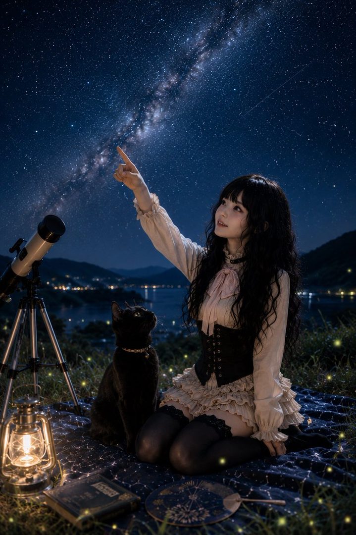 A young woman with long black hair sits outdoors at night, pointing at the Milky Way galaxy while a black cat sits beside her. A telescope and lantern are also present.