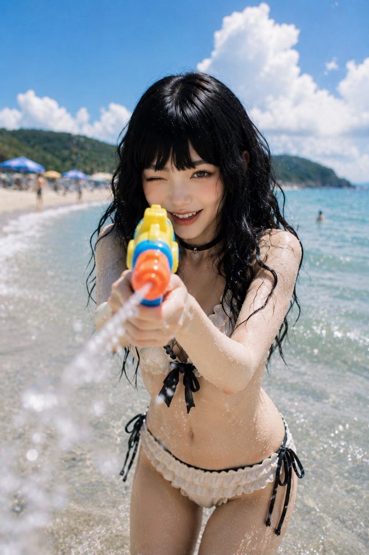 A young woman with long black hair winks playfully while holding a water gun at the beach.