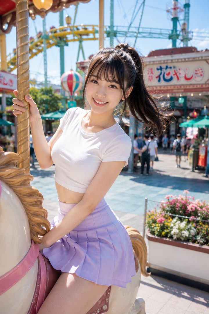 A smiling young woman with dark hair in a ponytail, wearing a white crop top and a lavender pleated skirt, sitting on a carousel horse at an amusement park on a sunny day.