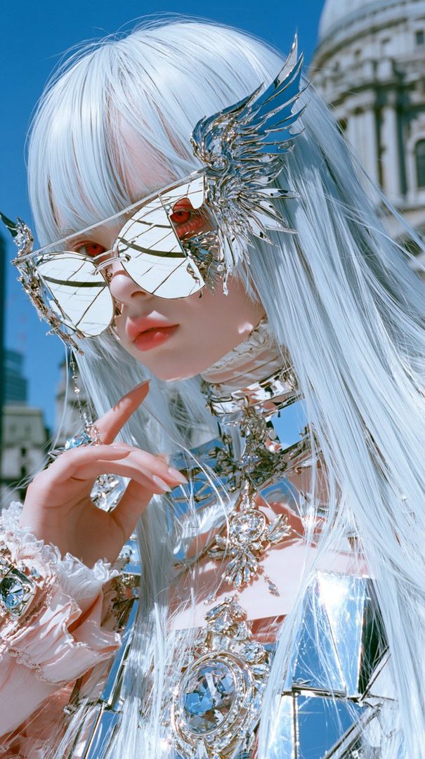 A person with long, white hair and striking mirrored sunglasses with wing-like embellishments, wearing an ornate, reflective outfit, posing outdoors in a city setting.