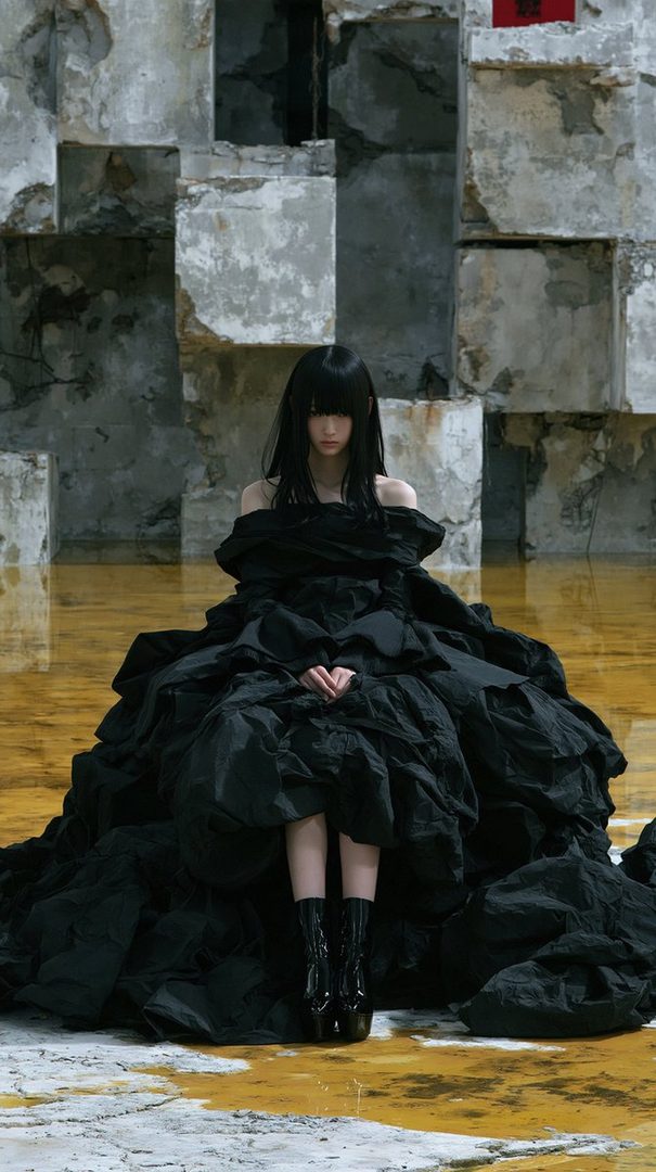 A woman with long black hair and bangs, wearing an off-the-shoulder black voluminous dress and black platform boots, sits in a room with a textured concrete wall and a yellow reflective floor.