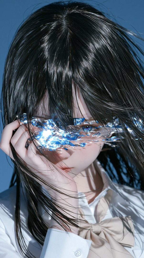 A close-up portrait of a person with long black hair, wearing a white blouse and a beige bow tie, with reflective blue material obscuring their eyes.