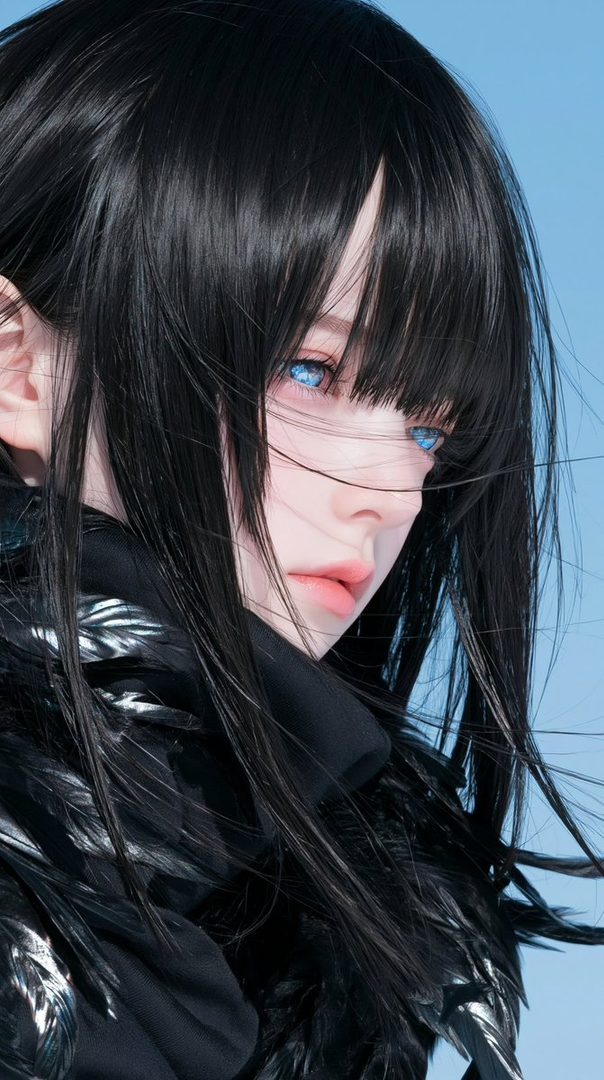 A close-up portrait of a person with long black hair and striking blue eyes, against a clear blue sky.