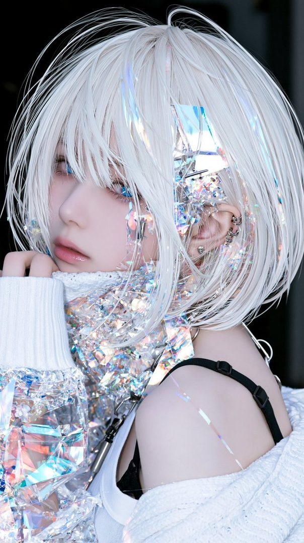 A close-up portrait of an AI model with short white hair, adorned with holographic and iridescent accessories, wearing a white sweater.