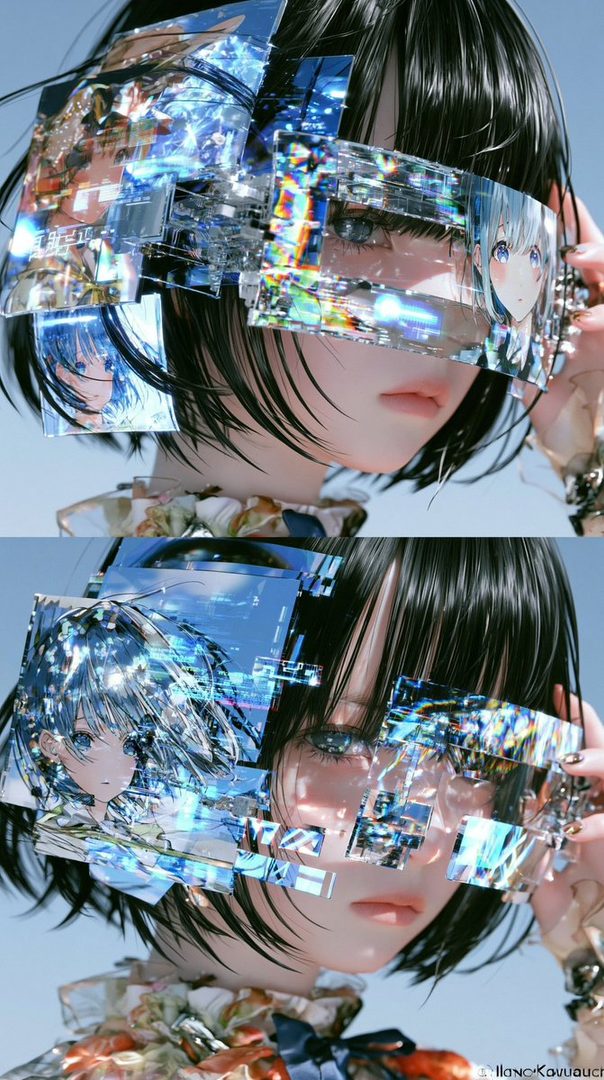 A close-up portrait of an AI-generated woman with black hair, wearing a futuristic visor made of fragmented digital displays showing anime characters and abstract patterns. The image has a dreamy and ethereal quality.