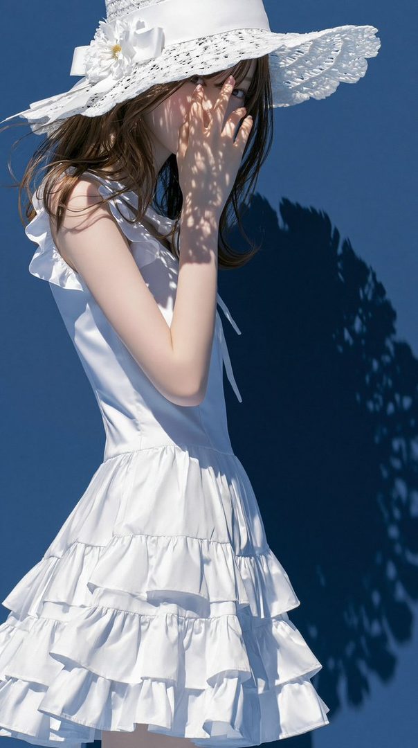 A young woman in a white ruffled dress and a wide-brimmed hat, posing against a blue background with dappled light.