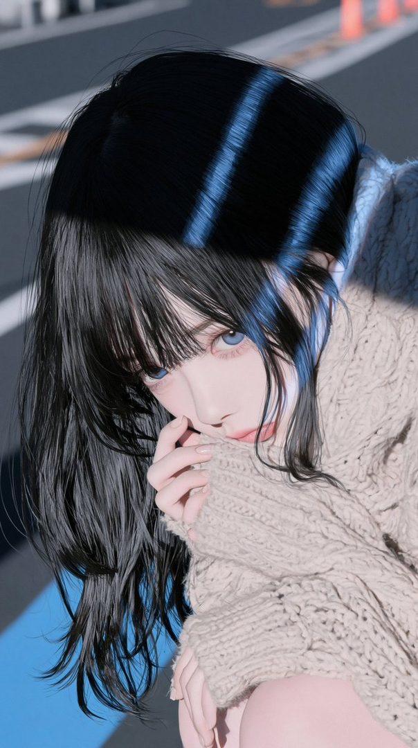 A close-up portrait of a young woman with long black hair and striking blue eyes, wearing a cozy knit sweater, with soft light filtering through.