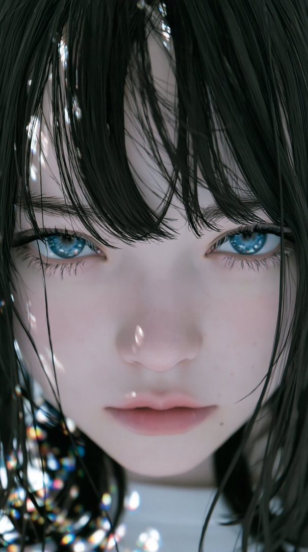 Close-up portrait of an AI-generated young woman with striking blue eyes and long black hair, bathed in soft, dappled light.